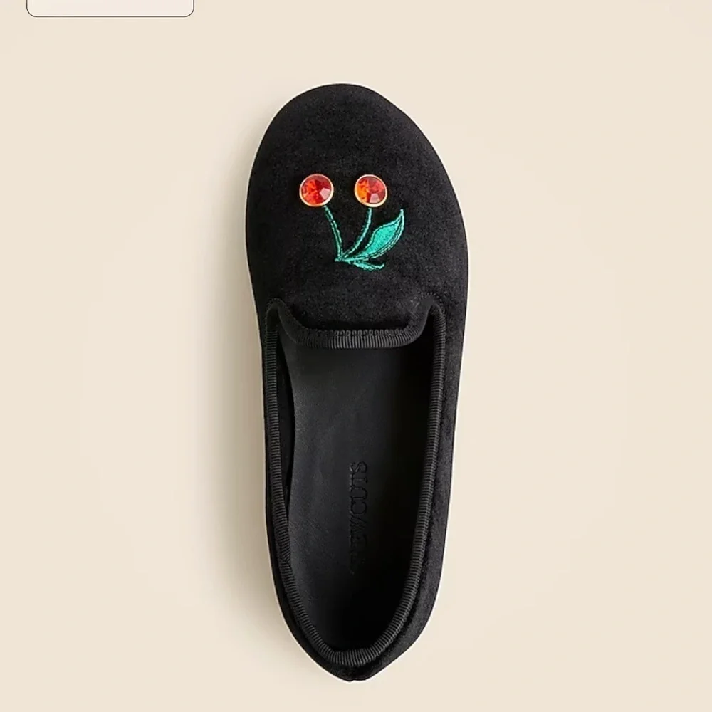 J. Crew Kids' embroidered-cherry velvet slip-on shoes